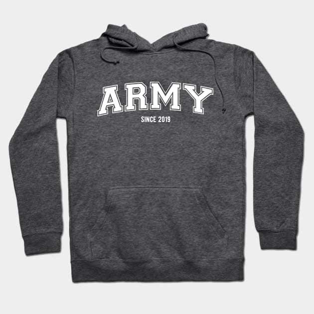 BTS Bangtan ARMY since 2019 varsity college text | Morcaworks Hoodie by Oricca